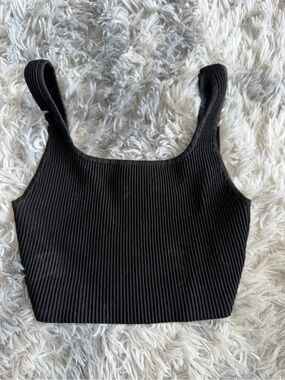 Babaton Black Ribbed Square-Neck Crop Tank